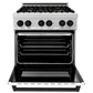 ZLINE Autograph Edition 30 in. 4.0 cu. ft. Legacy Dual Fuel Range with 4 Burner Gas Cooktop and Electric Convection Oven in Satin Stainless Steel with White Matte Door and Matte Black Accents (RASZ-WM-30-MB) front, oven open.