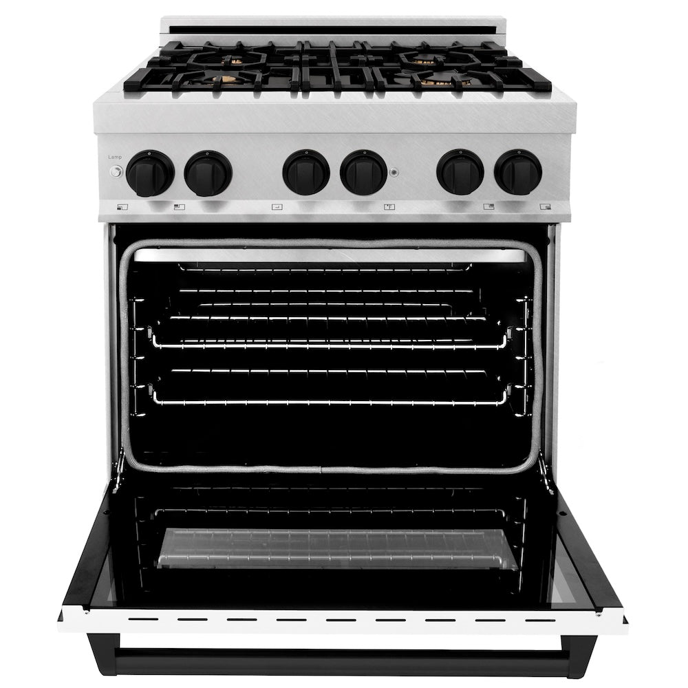 ZLINE Autograph Edition 30 in. 4.0 cu. ft. Legacy Dual Fuel Range with 4 Burner Gas Cooktop and Electric Convection Oven in Satin Stainless Steel with White Matte Door and Matte Black Accents (RASZ-WM-30-MB) front, oven open.