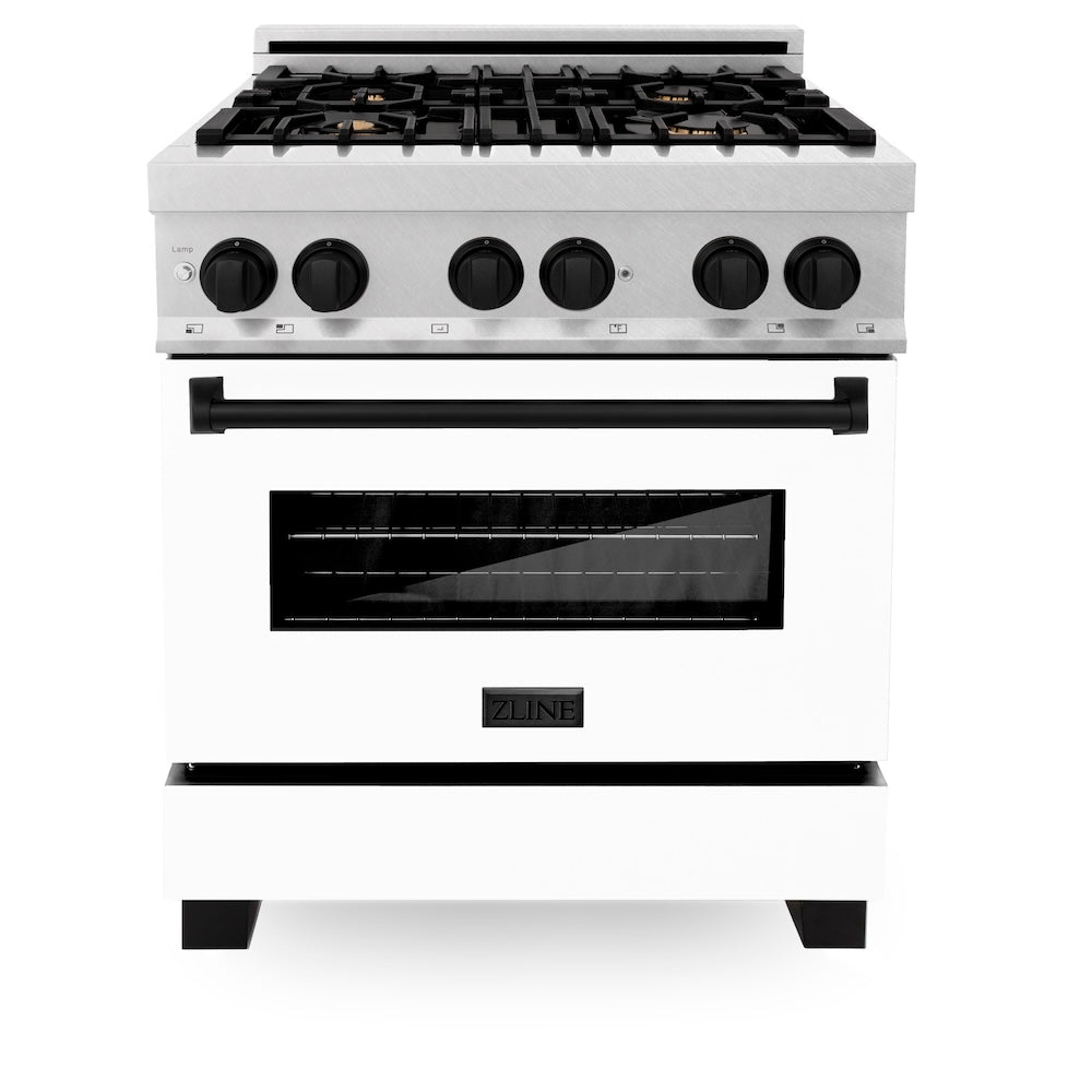 ZLINE Autograph Edition 30 in. 4.0 cu. ft. Legacy Dual Fuel Range with 4 Burner Gas Cooktop and Electric Convection Oven in Satin Stainless Steel with White Matte Door and Matte Black Accents, Open Box-Good Condition