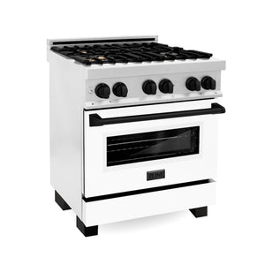 ZLINE Autograph Edition 30 in. 4.0 cu. ft. Legacy Dual Fuel Range with 4 Burner Gas Cooktop and Electric Convection Oven in Satin Stainless Steel with White Matte Door and Matte Black Accents (RASZ-WM-30-MB) main image.