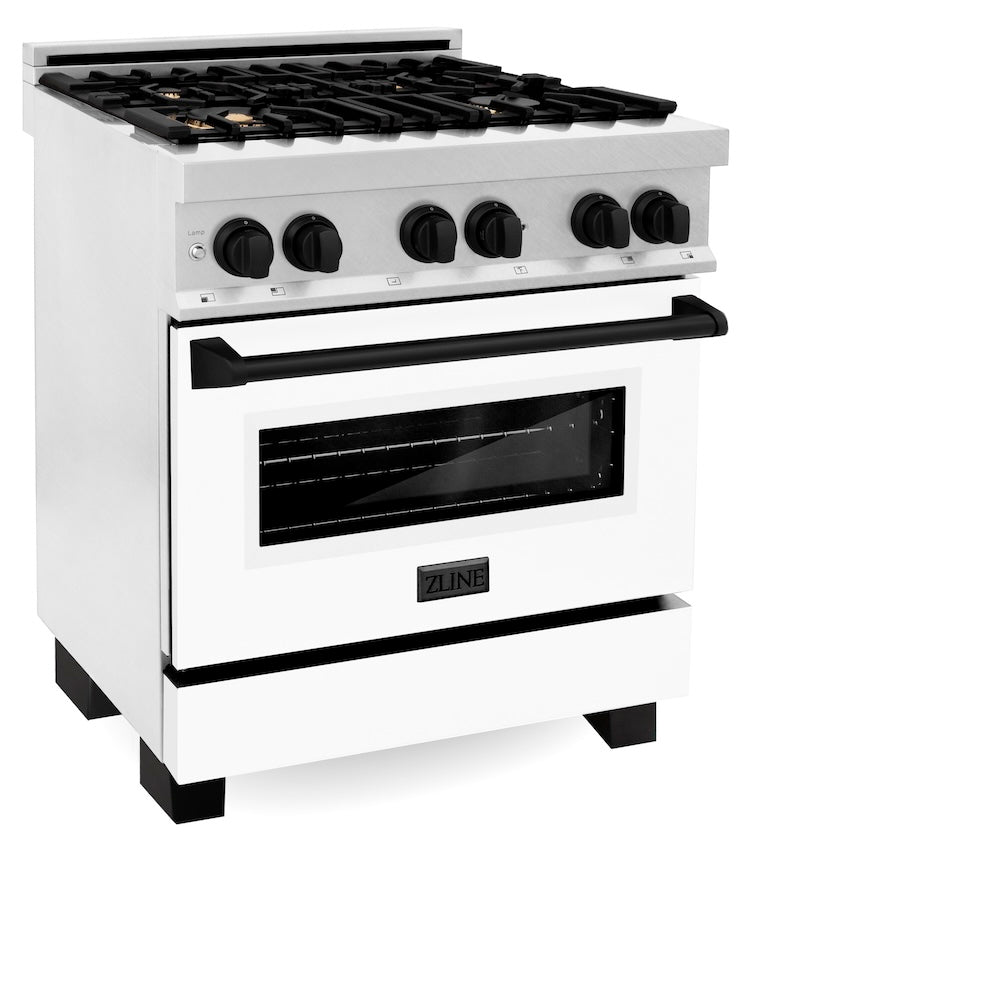 ZLINE Autograph Edition 30 in. 4.0 cu. ft. Legacy Dual Fuel Range with 4 Burner Gas Cooktop and Electric Convection Oven in Satin Stainless Steel with White Matte Door and Matte Black Accents, Open Box-Good Condition