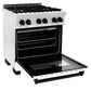 ZLINE Autograph Edition 30 in. 4.0 cu. ft. Legacy Dual Fuel Range with 4 Burner Gas Cooktop and Electric Convection Oven in Satin Stainless Steel with White Matte Door and Matte Black Accents (RASZ-WM-30-MB) side, oven open.