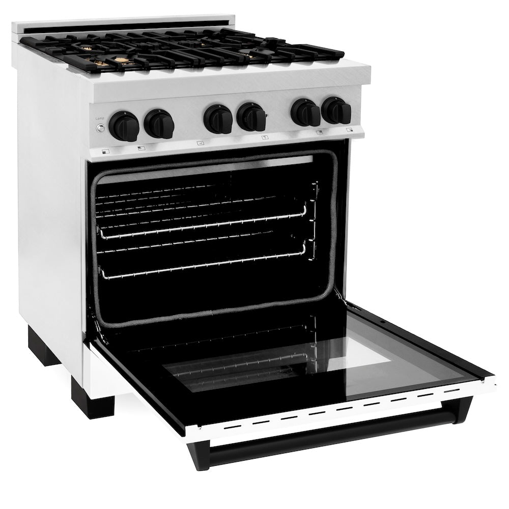 ZLINE Autograph Edition 30 in. 4.0 cu. ft. Legacy Dual Fuel Range with 4 Burner Gas Cooktop and Electric Convection Oven in Satin Stainless Steel with White Matte Door and Matte Black Accents (RASZ-WM-30-MB) side, oven open.