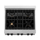 ZLINE Autograph Edition 30 in. 4.0 cu. ft. Legacy Dual Fuel Range with 4 Burner Gas Cooktop and Electric Convection Oven in Satin Stainless Steel with White Matte Door and Matte Black Accents (RASZ-WM-30-MB) top-down, above cooktop.