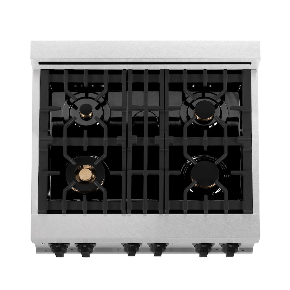 ZLINE Autograph Edition 30 in. 4.0 cu. ft. Legacy Dual Fuel Range with 4 Burner Gas Cooktop and Electric Convection Oven in Satin Stainless Steel with White Matte Door and Matte Black Accents (RASZ-WM-30-MB) top-down, above cooktop.