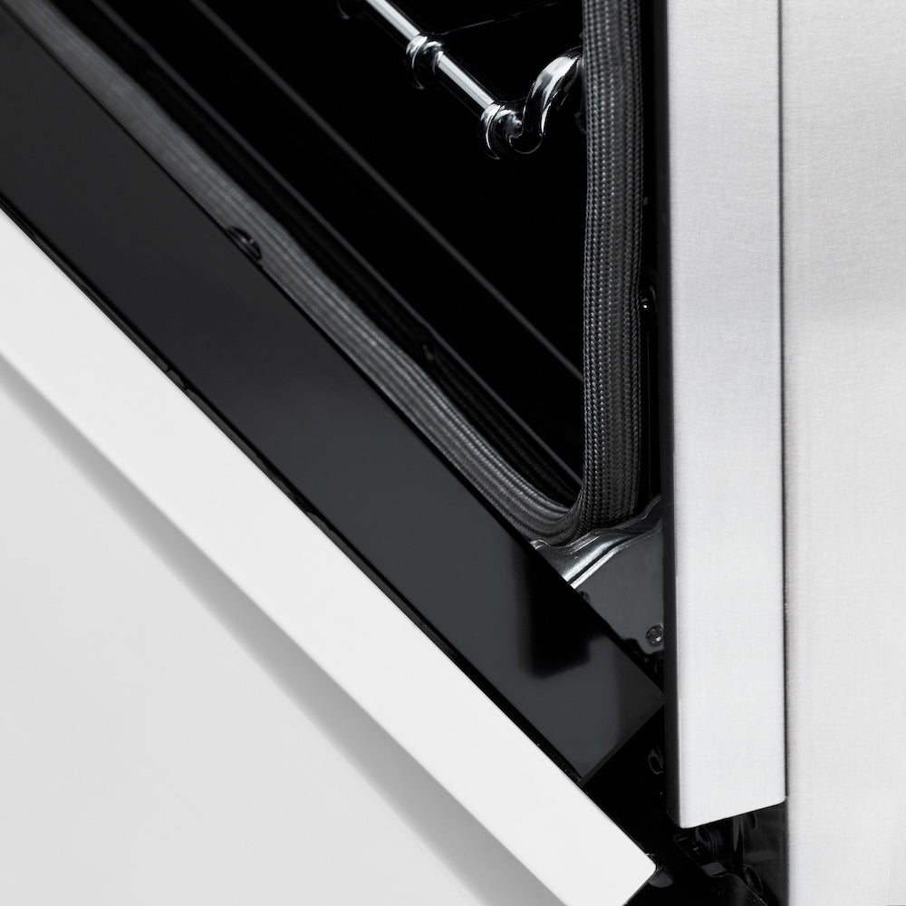 ZLINE Autograph Edition 36 in. 4.6 cu. ft. Legacy Dual Fuel Range with 6 Burner Gas Cooktop and Electric Convection Oven in Satin Stainless Steel with White Matte Door and Champagne Bronze Accents (RASZ-WM-36-CB) StayPut oven door hinge.