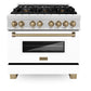 ZLINE Autograph Edition 36 in. 4.6 cu. ft. Legacy Dual Fuel Range with 6 Burner Gas Cooktop and Electric Convection Oven in Satin Stainless Steel with White Matte Door and Champagne Bronze Accents (RASZ-WM-36-CB) front.