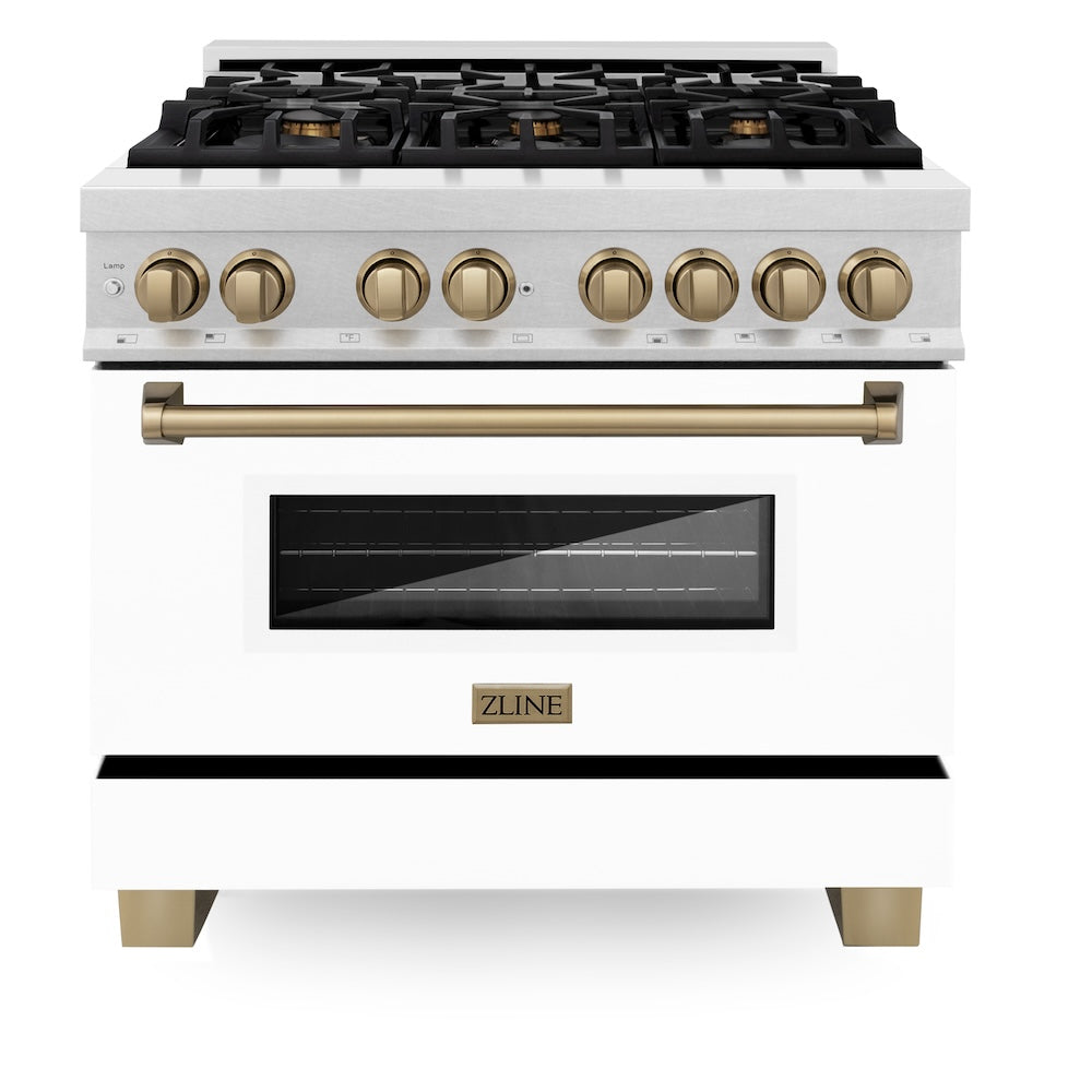 ZLINE Autograph Edition 36 in. 4.6 cu. ft. Legacy Dual Fuel Range with 6 Burner Gas Cooktop and Electric Convection Oven in Satin Stainless Steel with White Matte Door and Champagne Bronze Accents (RASZ-WM-36-CB) front.