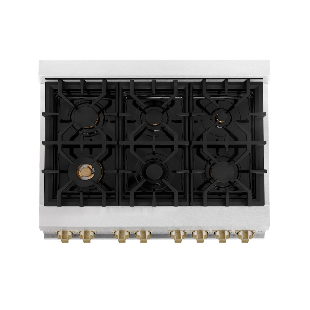 ZLINE Autograph Edition 36 in. 4.6 cu. ft. Legacy Dual Fuel Range with 6 Burner Gas Cooktop and Electric Convection Oven in Satin Stainless Steel with White Matte Door and Champagne Bronze Accents (RASZ-WM-36-CB) top-down, above cooktop.