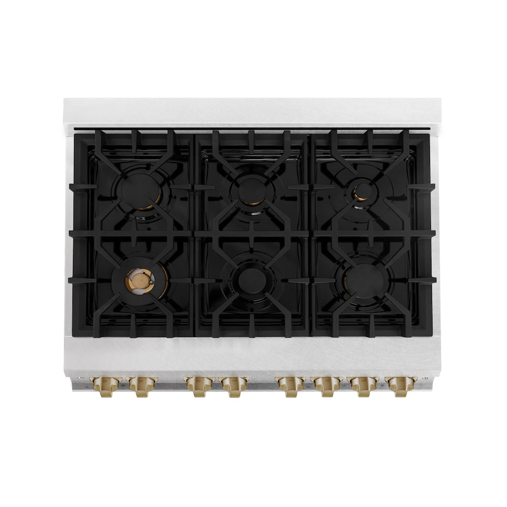 ZLINE Autograph Edition 36 in. 4.6 cu. ft. Legacy Dual Fuel Range with 6 Burner Gas Cooktop and Electric Convection Oven in Satin Stainless Steel with White Matte Door and Champagne Bronze Accents, Open Box-Good Condition