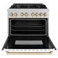 ZLINE Autograph Edition 36 in. 4.6 cu. ft. Legacy Dual Fuel Range with 6 Burner Gas Cooktop and Electric Convection Oven in Satin Stainless Steel with White Matte Door and Polished Gold Accents (RASZ-WM-36-G) front, oven open.