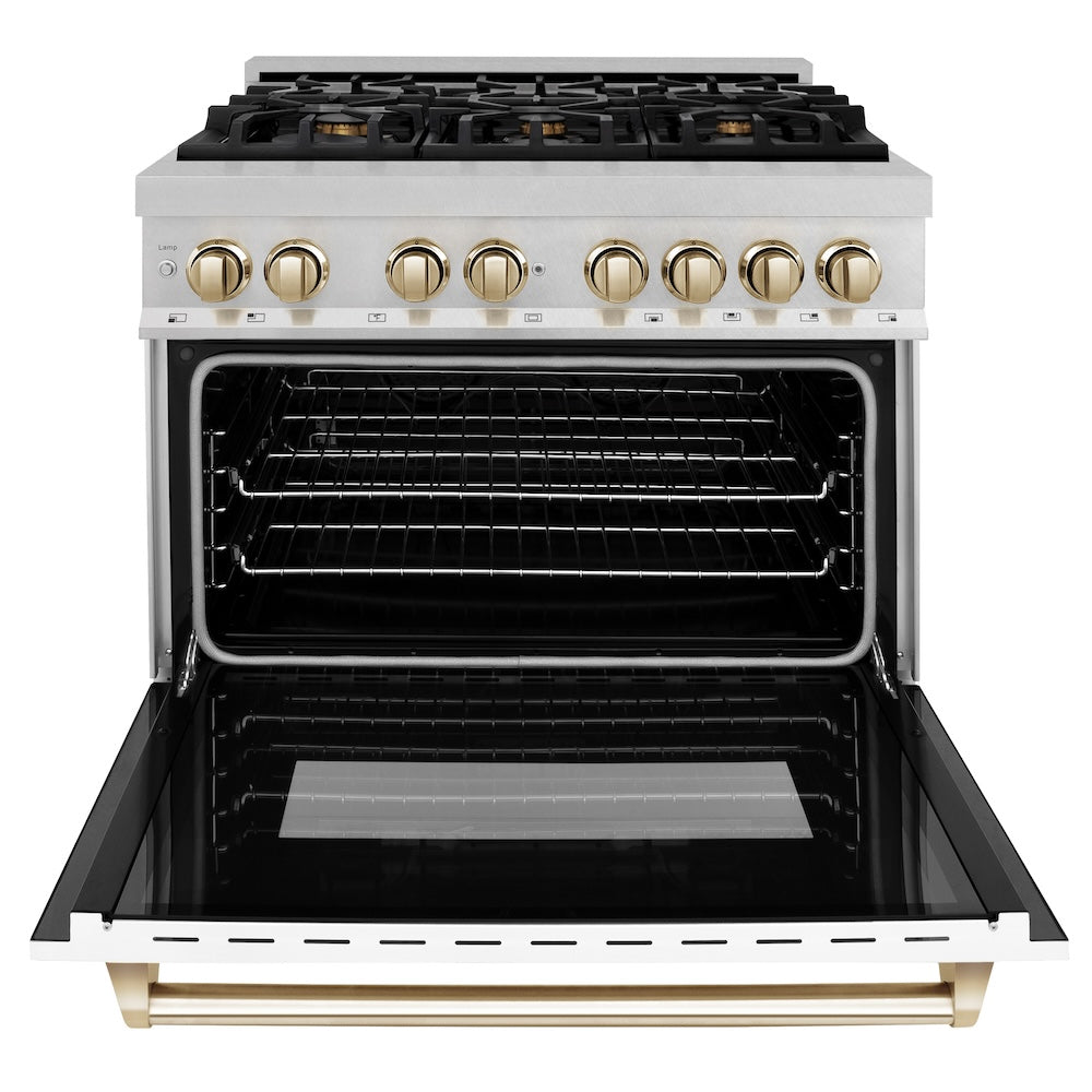 ZLINE Autograph Edition 36 in. 4.6 cu. ft. Legacy Dual Fuel Range with 6 Burner Gas Cooktop and Electric Convection Oven in Satin Stainless Steel with White Matte Door and Polished Gold Accents (RASZ-WM-36-G) front, oven open.
