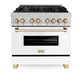 ZLINE Autograph Edition 36 in. 4.6 cu. ft. Legacy Dual Fuel Range with 6 Burner Gas Cooktop and Electric Convection Oven in Satin Stainless Steel with White Matte Door and Polished Gold Accents (RASZ-WM-36-G) front.
