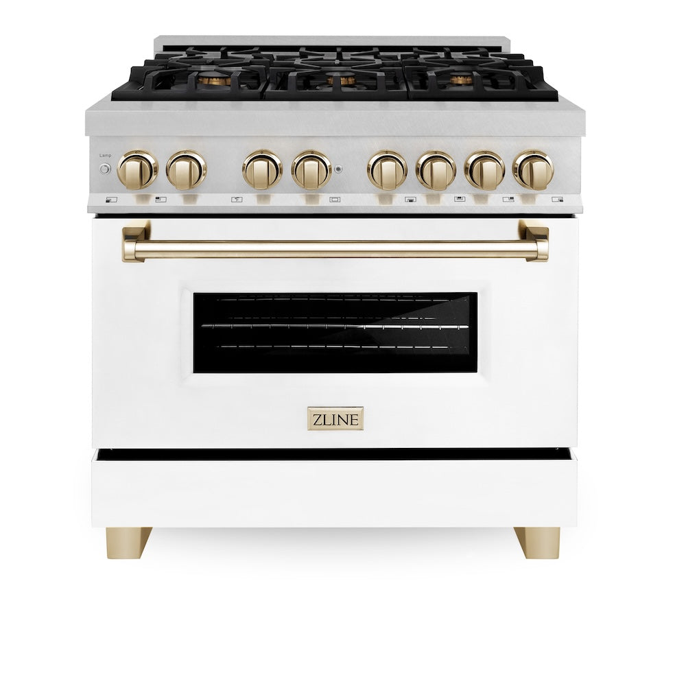 ZLINE Autograph Edition 36 in. 4.6 cu. ft. Legacy Dual Fuel Range with 6 Burner Gas Cooktop and Electric Convection Oven in Satin Stainless Steel with White Matte Door and Polished Gold Accents, Open Box-Good Condition