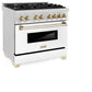 ZLINE Autograph Edition 36 in. 4.6 cu. ft. Legacy Dual Fuel Range with 6 Burner Gas Cooktop and Electric Convection Oven in Satin Stainless Steel with White Matte Door and Polished Gold Accents (RASZ-WM-36-G) side.