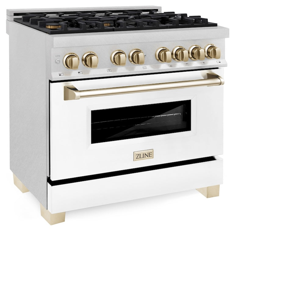 ZLINE Autograph Edition 36 in. 4.6 cu. ft. Legacy Dual Fuel Range with 6 Burner Gas Cooktop and Electric Convection Oven in Satin Stainless Steel with White Matte Door and Polished Gold Accents (RASZ-WM-36-G) side.