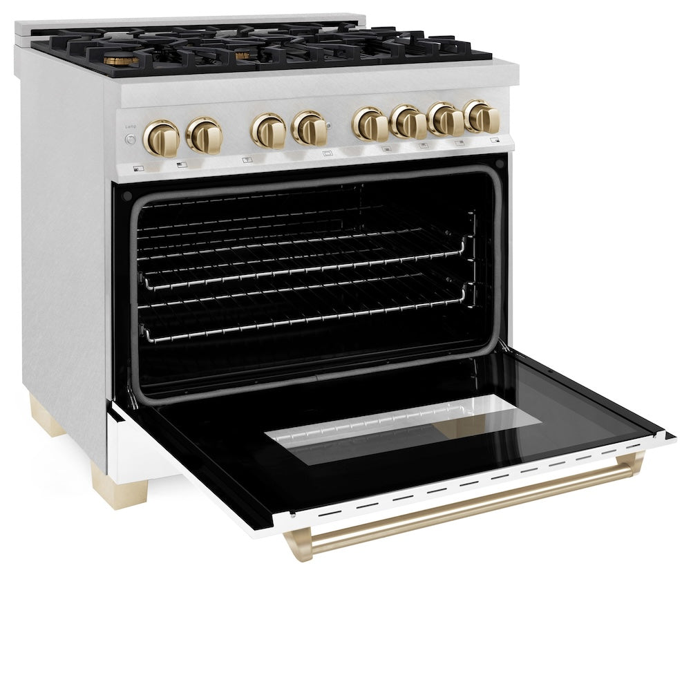 ZLINE Autograph Edition 36 in. 4.6 cu. ft. Legacy Dual Fuel Range with 6 Burner Gas Cooktop and Electric Convection Oven in Satin Stainless Steel with White Matte Door and Polished Gold Accents (RASZ-WM-36-G) side, oven open.