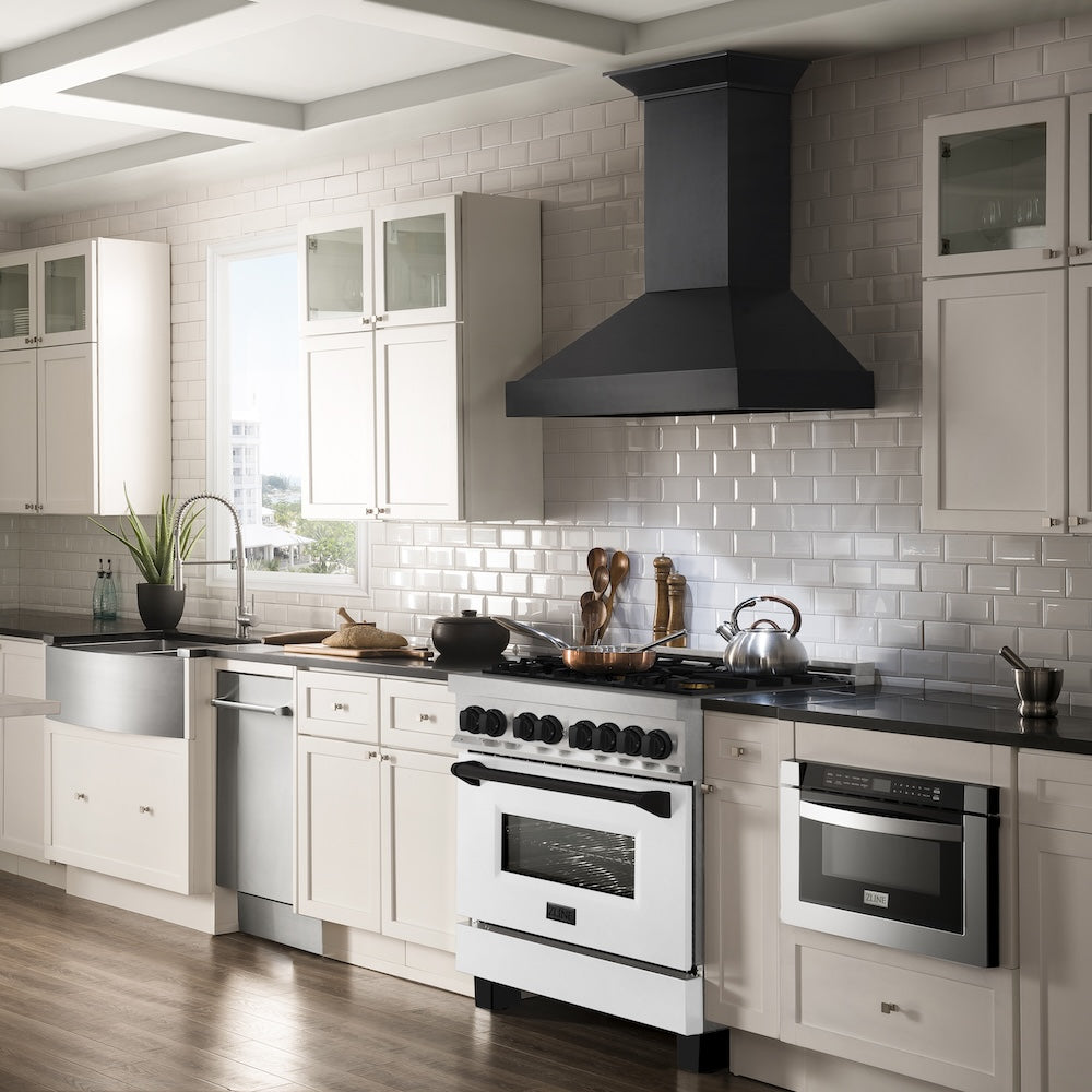 ZLINE Autograph Edition 36 in. 4.6 cu. ft. Legacy Dual Fuel Range with 6 Burner Gas Cooktop and Electric Convection Oven in Satin Stainless Steel with White Matte Door and Matte Black Accents (RASZ-WM-36-MB)
