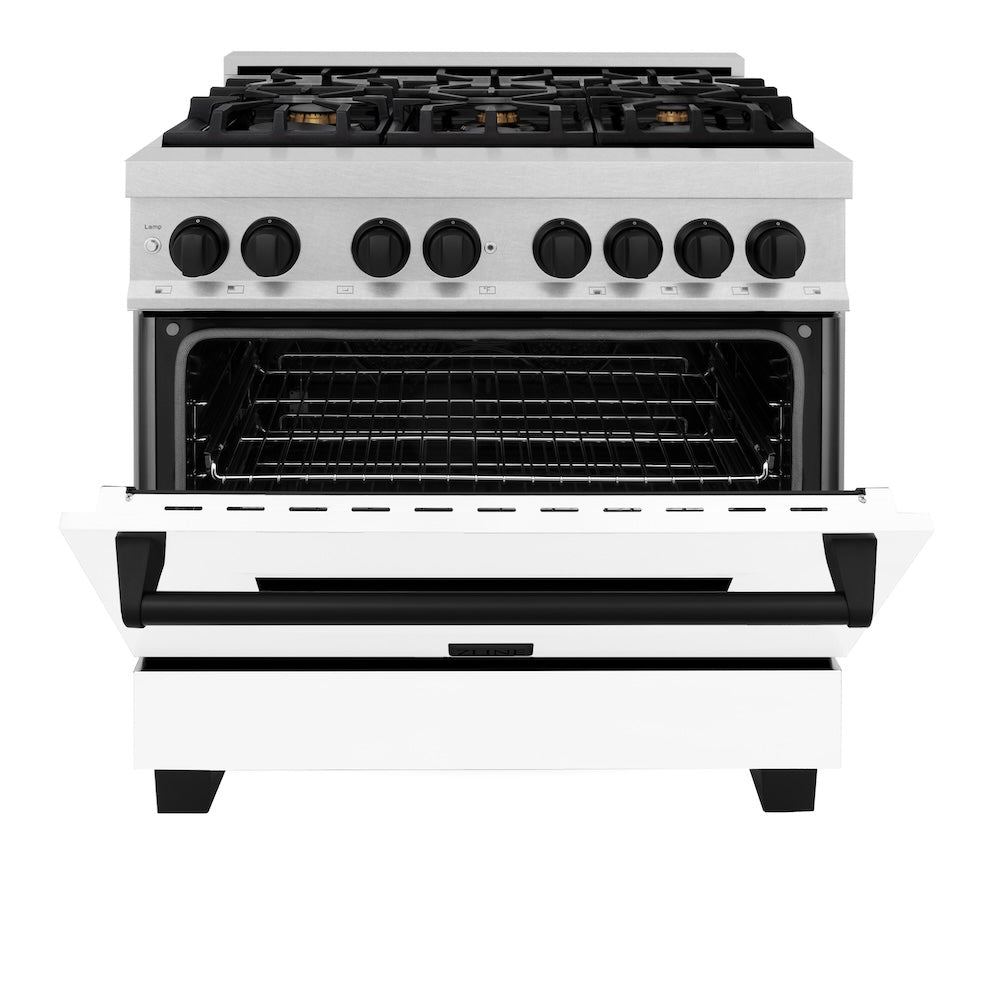 ZLINE Autograph Edition 36 in. 4.6 cu. ft. Legacy Dual Fuel Range with 6 Burner Gas Cooktop and Electric Convection Oven in Satin Stainless Steel with White Matte Door and Matte Black Accents (RASZ-WM-36-MB)
