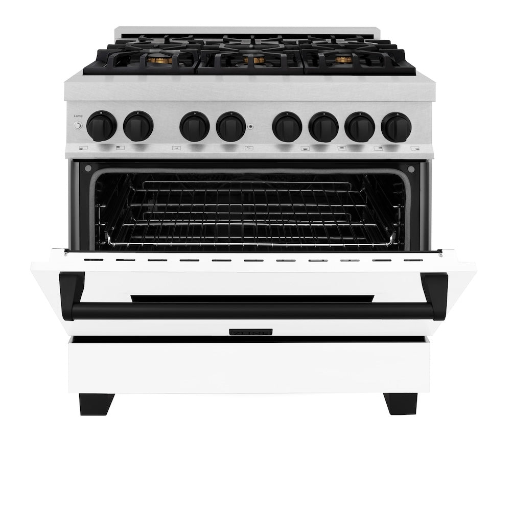 ZLINE Autograph Edition 36 in. 4.6 cu. ft. Legacy Dual Fuel Range with 6 Burner Gas Cooktop and Electric Convection Oven in Satin Stainless Steel with White Matte Door and Matte Black Accents, Open Box-Good Condition