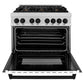 ZLINE Autograph Edition 36 in. 4.6 cu. ft. Legacy Dual Fuel Range with 6 Burner Gas Cooktop and Electric Convection Oven in Satin Stainless Steel with White Matte Door and Matte Black Accents (RASZ-WM-36-MB) front, oven open.