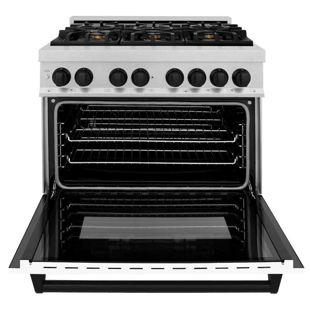 ZLINE Autograph Edition 36 in. 4.6 cu. ft. Legacy Dual Fuel Range with 6 Burner Gas Cooktop and Electric Convection Oven in Satin Stainless Steel with White Matte Door and Matte Black Accents (RASZ-WM-36-MB) front, oven open.