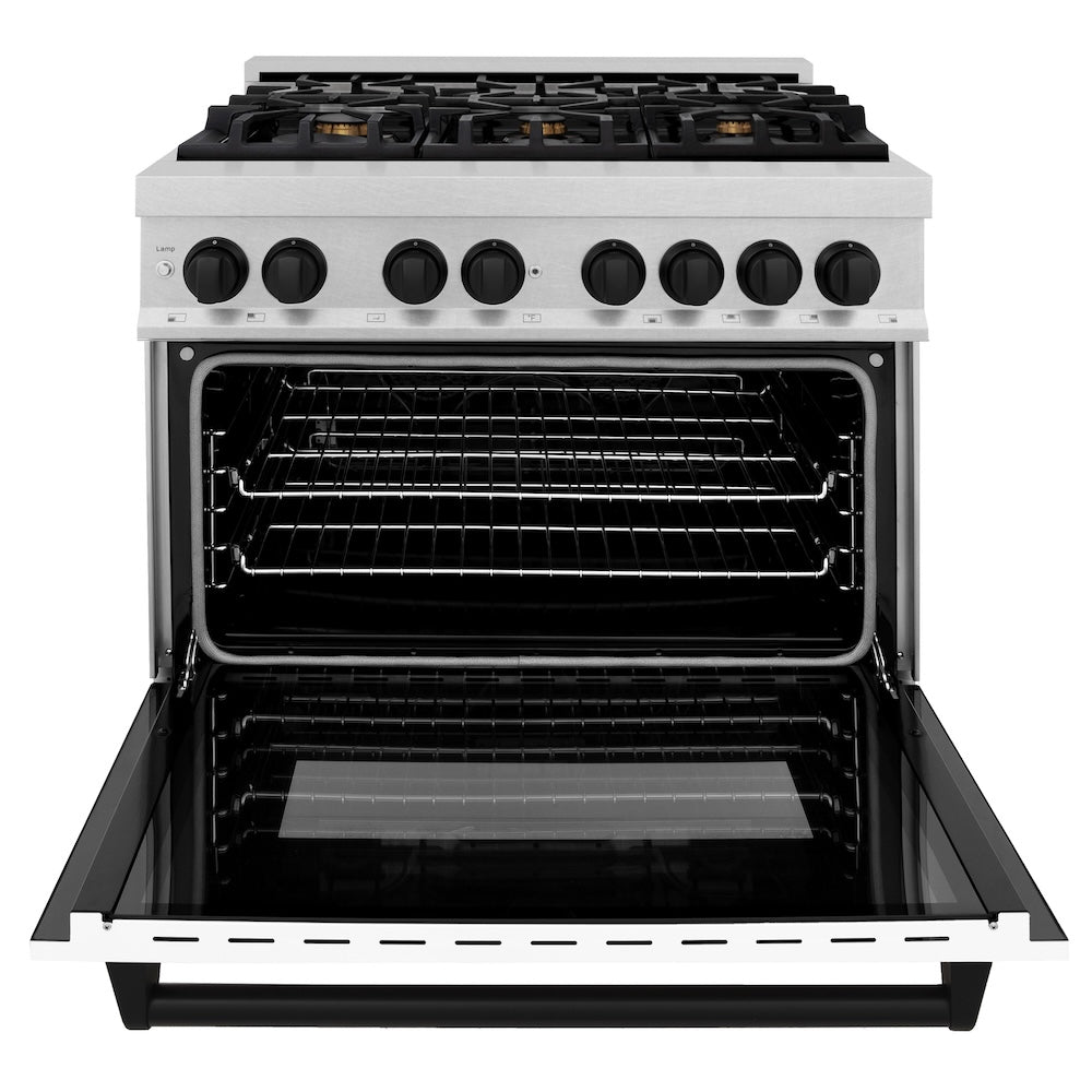 ZLINE Autograph Edition 36 in. 4.6 cu. ft. Legacy Dual Fuel Range with 6 Burner Gas Cooktop and Electric Convection Oven in Satin Stainless Steel with White Matte Door and Matte Black Accents, Open Box-Good Condition