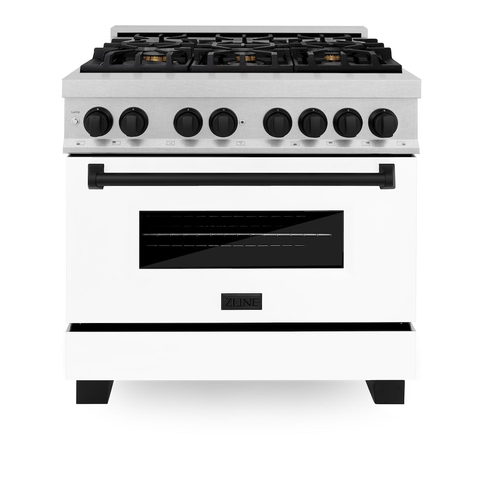 ZLINE Autograph Edition 36 in. 4.6 cu. ft. Legacy Dual Fuel Range with 6 Burner Gas Cooktop and Electric Convection Oven in Satin Stainless Steel with White Matte Door and Matte Black Accents (RASZ-WM-36-MB) front.