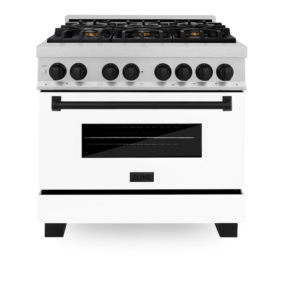 ZLINE Autograph Edition 36 in. 4.6 cu. ft. Legacy Dual Fuel Range with 6 Burner Gas Cooktop and Electric Convection Oven in Satin Stainless Steel with White Matte Door and Matte Black Accents, Open Box-Good Condition