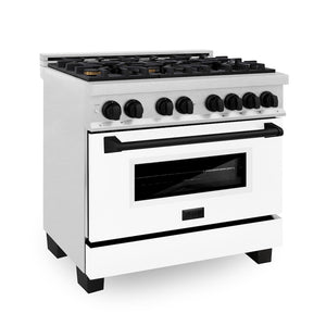 ZLINE Autograph Edition 36 in. 4.6 cu. ft. Legacy Dual Fuel Range with 6 Burner Gas Cooktop and Electric Convection Oven in Satin Stainless Steel with White Matte Door and Matte Black Accents (RASZ-WM-36-MB) main image.