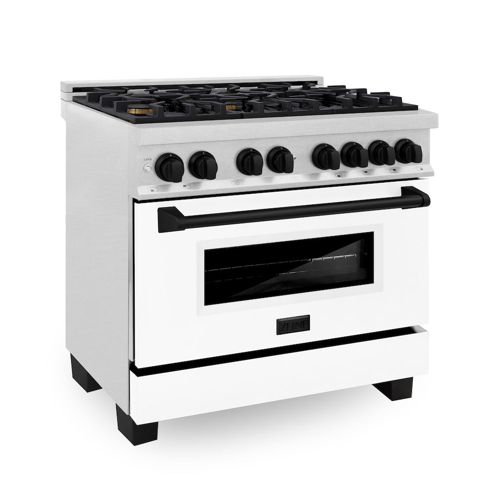 ZLINE Autograph Edition 36 in. 4.6 cu. ft. Legacy Dual Fuel Range with 6 Burner Gas Cooktop and Electric Convection Oven in Satin Stainless Steel with White Matte Door and Matte Black Accents, Open Box-Good Condition