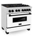 ZLINE Autograph Edition 36 in. 4.6 cu. ft. Legacy Dual Fuel Range with 6 Burner Gas Cooktop and Electric Convection Oven in Satin Stainless Steel with White Matte Door and Matte Black Accents (RASZ-WM-36-MB) side.