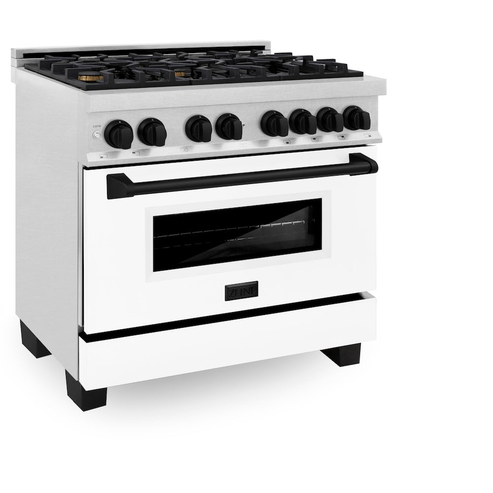 ZLINE Autograph Edition 36 in. 4.6 cu. ft. Legacy Dual Fuel Range with 6 Burner Gas Cooktop and Electric Convection Oven in Satin Stainless Steel with White Matte Door and Matte Black Accents (RASZ-WM-36-MB) side.