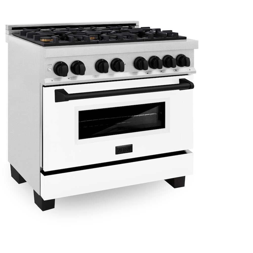 ZLINE Autograph Edition 36 in. 4.6 cu. ft. Legacy Dual Fuel Range with 6 Burner Gas Cooktop and Electric Convection Oven in Satin Stainless Steel with White Matte Door and Matte Black Accents, Open Box-Good Condition