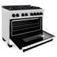 ZLINE Autograph Edition 36 in. 4.6 cu. ft. Legacy Dual Fuel Range with 6 Burner Gas Cooktop and Electric Convection Oven in Satin Stainless Steel with White Matte Door and Matte Black Accents (RASZ-WM-36-MB) side, oven open.