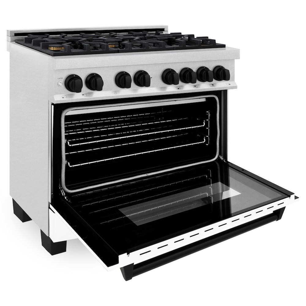 ZLINE Autograph Edition 36 in. 4.6 cu. ft. Legacy Dual Fuel Range with 6 Burner Gas Cooktop and Electric Convection Oven in Satin Stainless Steel with White Matte Door and Matte Black Accents (RASZ-WM-36-MB) side, oven open.