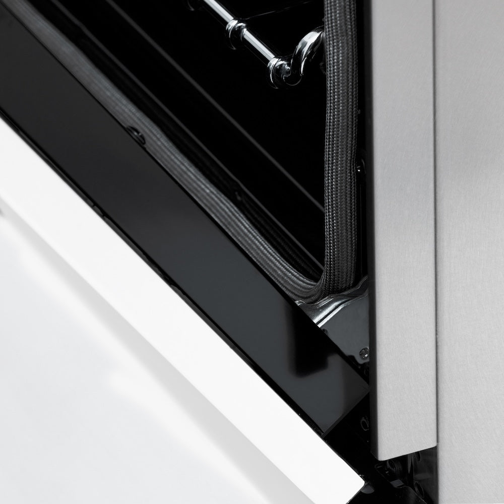 ZLINE Autograph Edition 48 in. 6.0 cu. ft. Legacy Dual Fuel Range with 7 Burner Gas Cooktop and 2 Electric Ovens in Satin Stainless Steel with White Matte Doors and Polished Gold Accents (RASZ-WM-48-G) StayPut oven door hinge.