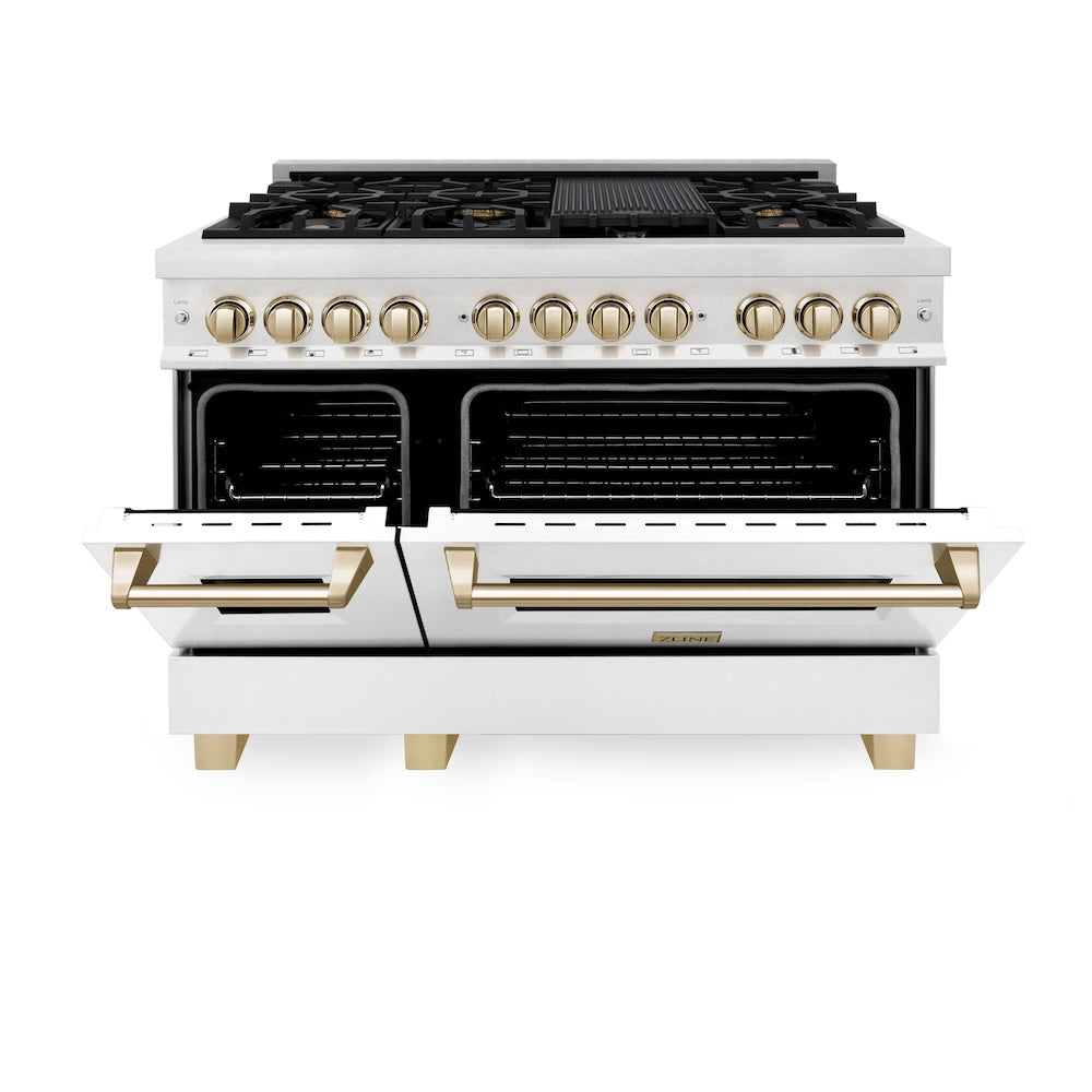 ZLINE Autograph Edition 48 in. 6.0 cu. ft. Legacy Dual Fuel Range with 7 Burner Gas Cooktop and 2 Electric Ovens in Satin Stainless Steel with White Matte Doors and Polished Gold Accents, Open Box-Good Condition