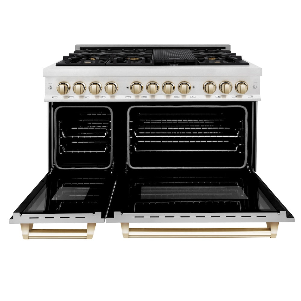 ZLINE Autograph Edition 48 in. 6.0 cu. ft. Legacy Dual Fuel Range with 7 Burner Gas Cooktop and 2 Electric Ovens in Satin Stainless Steel with White Matte Doors and Polished Gold Accents (RASZ-WM-48-G) front, oven open.