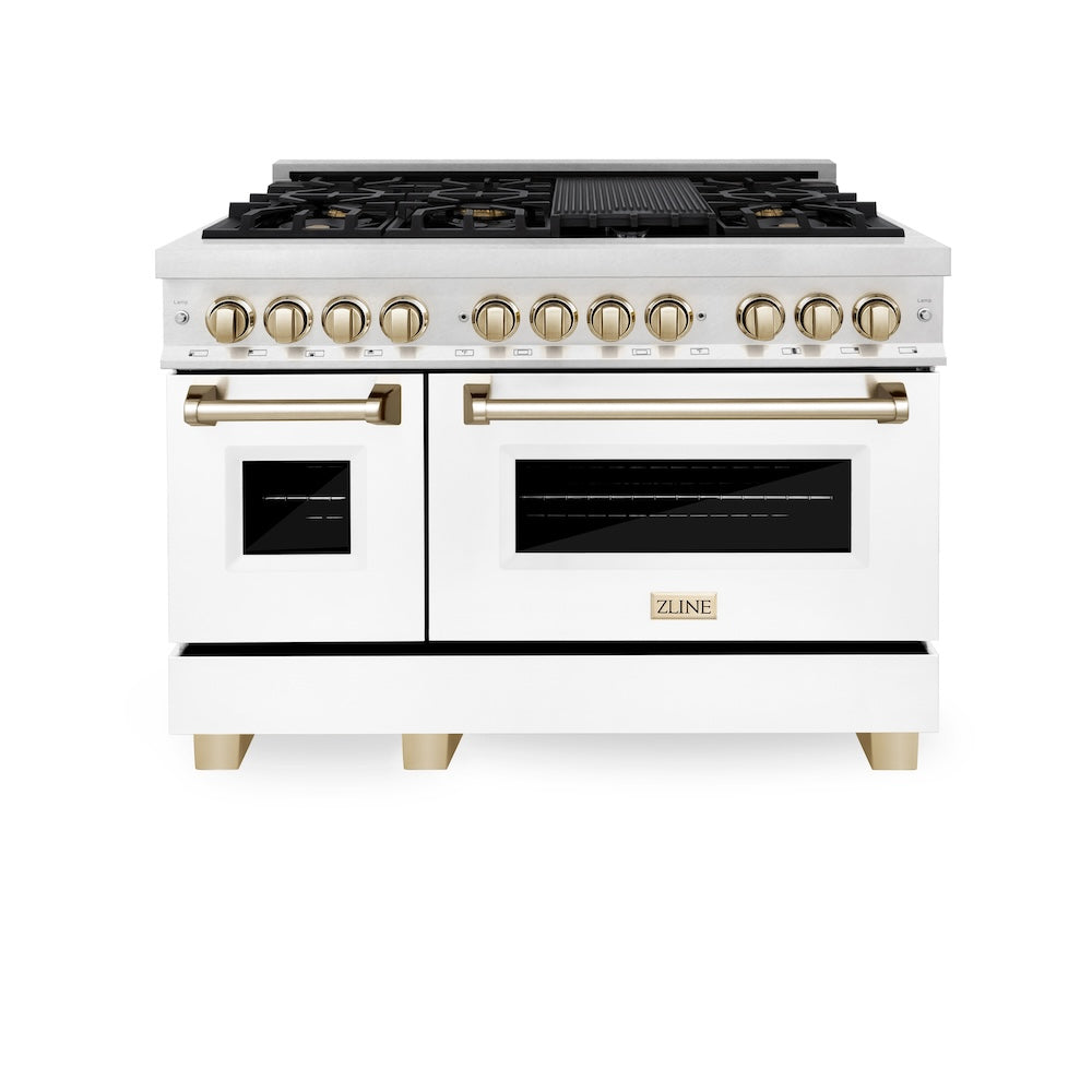ZLINE Autograph Edition 48 in. 6.0 cu. ft. Legacy Dual Fuel Range with 7 Burner Gas Cooktop and 2 Electric Ovens in Satin Stainless Steel with White Matte Doors and Polished Gold Accents (RASZ-WM-48-G) front.