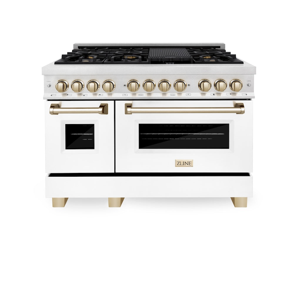 ZLINE Autograph Edition 48 in. 6.0 cu. ft. Legacy Dual Fuel Range with 7 Burner Gas Cooktop and 2 Electric Ovens in Satin Stainless Steel with White Matte Doors and Polished Gold Accents, Open Box-Good Condition