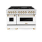 ZLINE Autograph Edition 48 in. 6.0 cu. ft. Legacy Dual Fuel Range with 7 Burner Gas Cooktop and 2 Electric Ovens in Satin Stainless Steel with White Matte Doors and Polished Gold Accents, Open Box-Great Condition