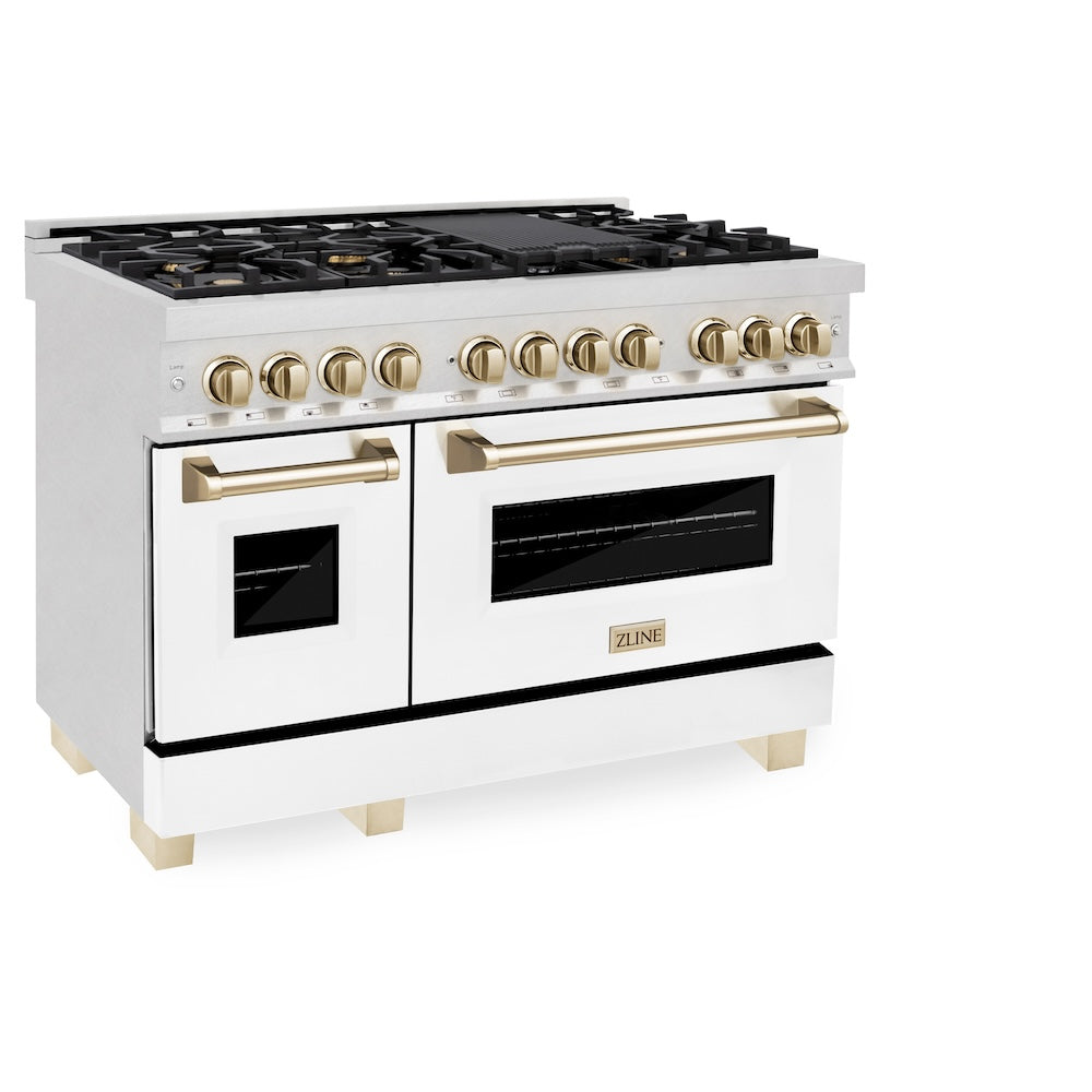 ZLINE Autograph Edition 48 in. 6.0 cu. ft. Legacy Dual Fuel Range with 7 Burner Gas Cooktop and 2 Electric Ovens in Satin Stainless Steel with White Matte Doors and Polished Gold Accents (RASZ-WM-48-G) side.