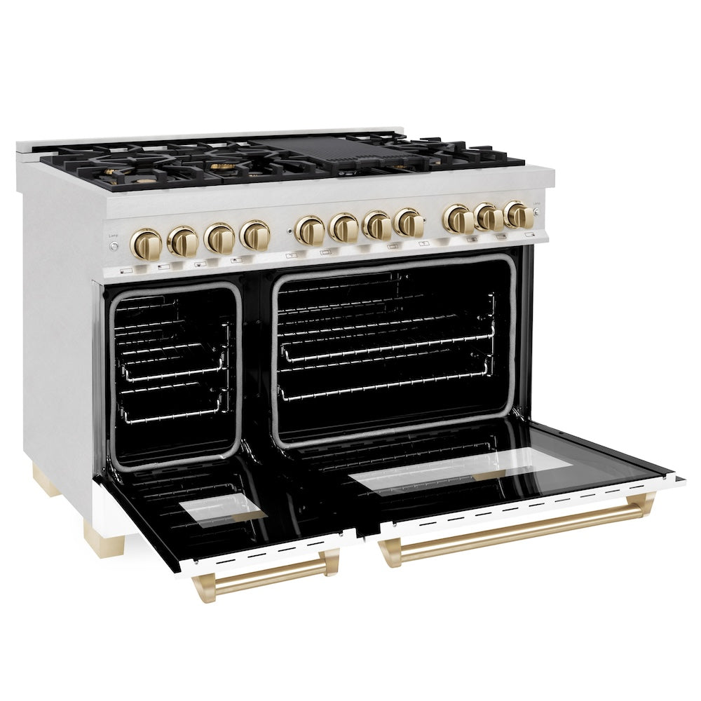 ZLINE Autograph Edition 48 in. 6.0 cu. ft. Legacy Dual Fuel Range with 7 Burner Gas Cooktop and 2 Electric Ovens in Satin Stainless Steel with White Matte Doors and Polished Gold Accents (RASZ-WM-48-G) side, oven open.