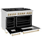 ZLINE Autograph Edition 48 in. 6.0 cu. ft. Legacy Dual Fuel Range with 7 Burner Gas Cooktop and 2 Electric Ovens in Satin Stainless Steel with White Matte Doors and Polished Gold Accents (RASZ-WM-48-G) side, oven open.