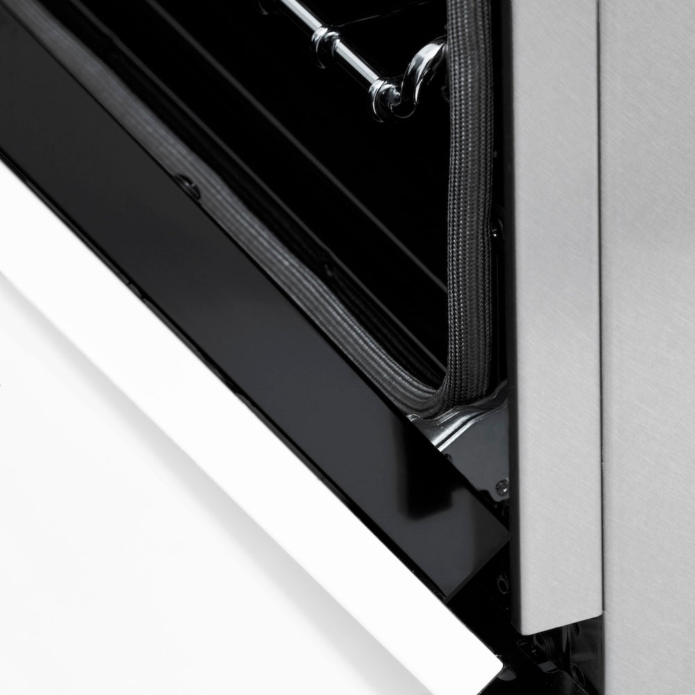 ZLINE Autograph Edition 48 in. 6.0 cu. ft. Legacy Dual Fuel Range with 7 Burner Gas Cooktop and 2 Electric Ovens in Satin Stainless Steel with White Matte Doors and Matte Black Accents (RASZ-WM-48-MB) StayPut oven door hinge.
