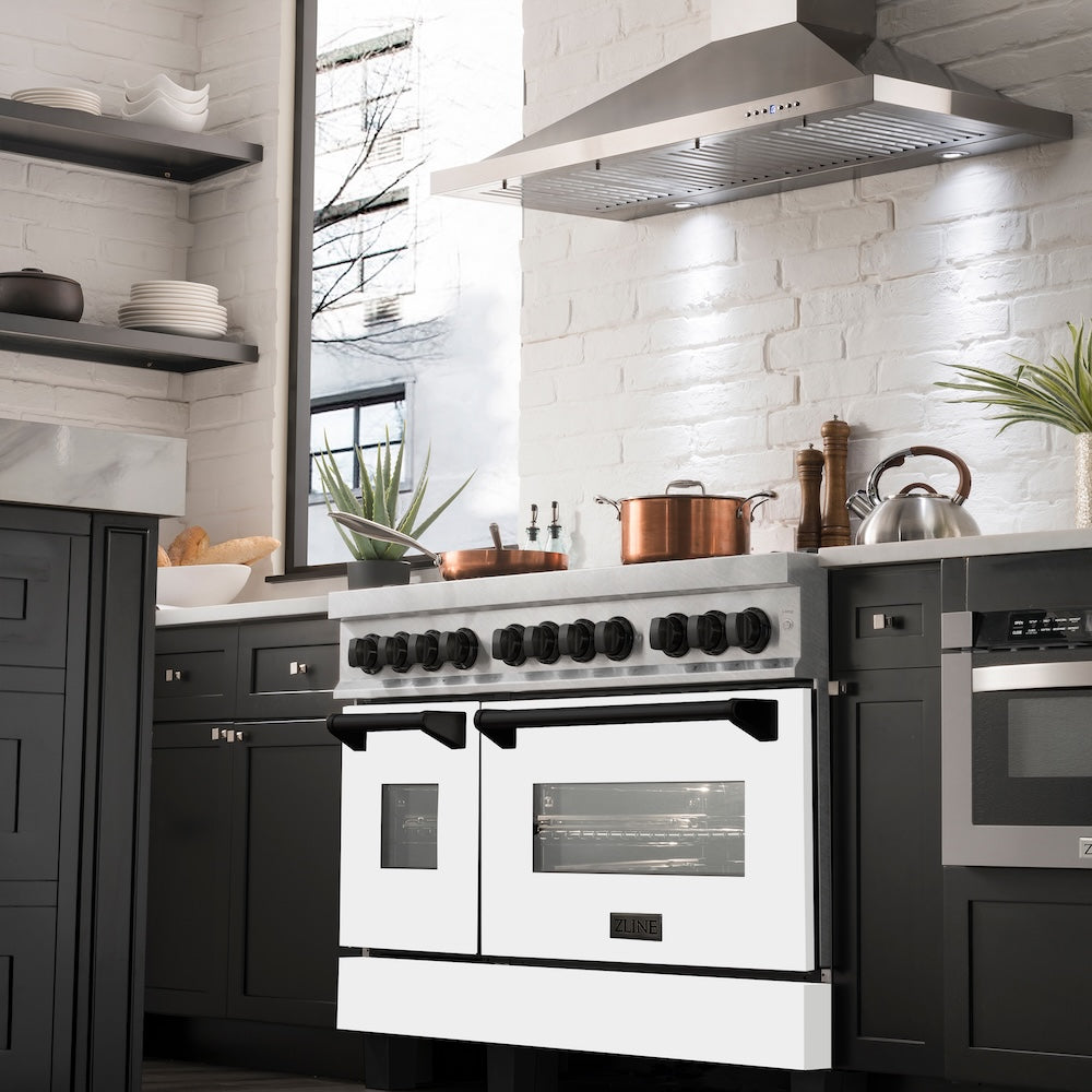 ZLINE Autograph Edition 48 in. 6.0 cu. ft. Legacy Dual Fuel Range with 7 Burner Gas Cooktop and 2 Electric Ovens in Satin Stainless Steel with White Matte Doors and Matte Black Accents, Open Box-Good Condition