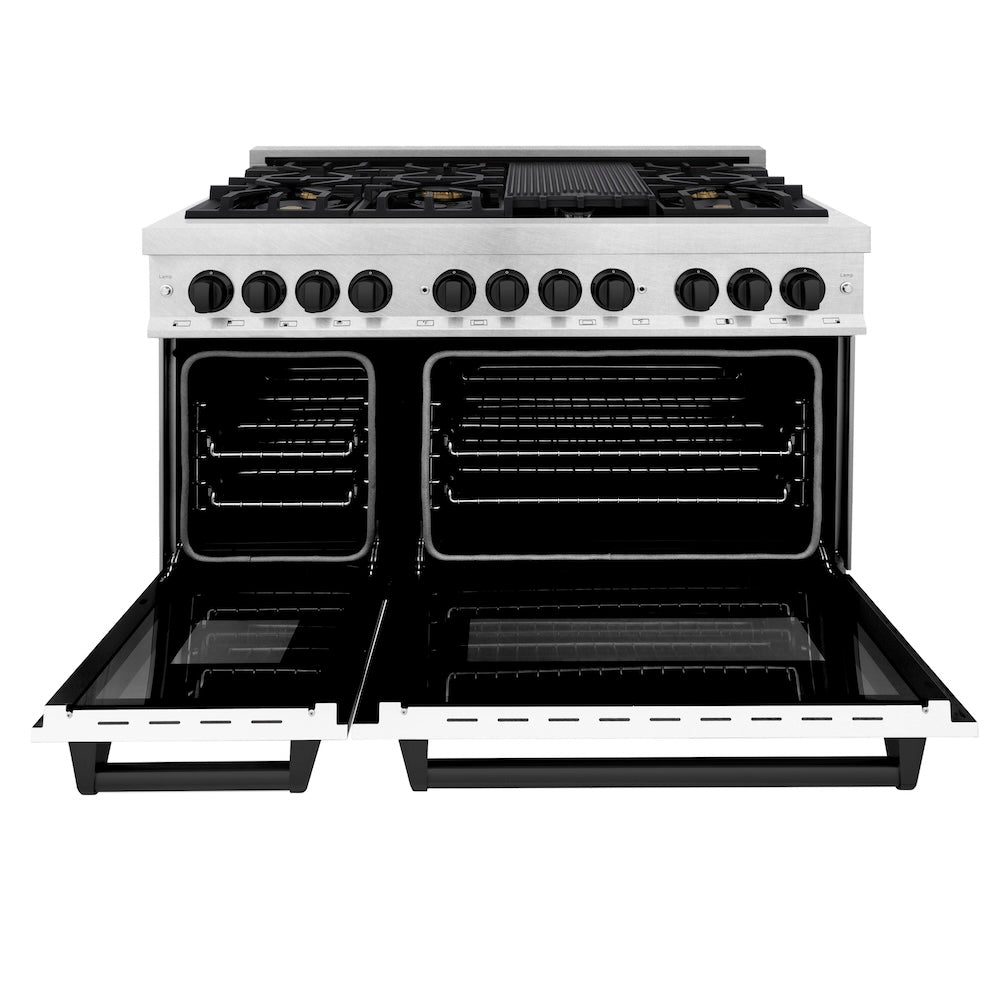 ZLINE Autograph Edition 48 in. 6.0 cu. ft. Legacy Dual Fuel Range with 7 Burner Gas Cooktop and 2 Electric Ovens in Satin Stainless Steel with White Matte Doors and Matte Black Accents, Open Box-Good Condition