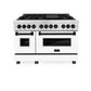 ZLINE Autograph Edition 48 in. 6.0 cu. ft. Legacy Dual Fuel Range with 7 Burner Gas Cooktop and 2 Electric Ovens in Satin Stainless Steel with White Matte Doors and Matte Black Accents (RASZ-WM-48-MB) front.