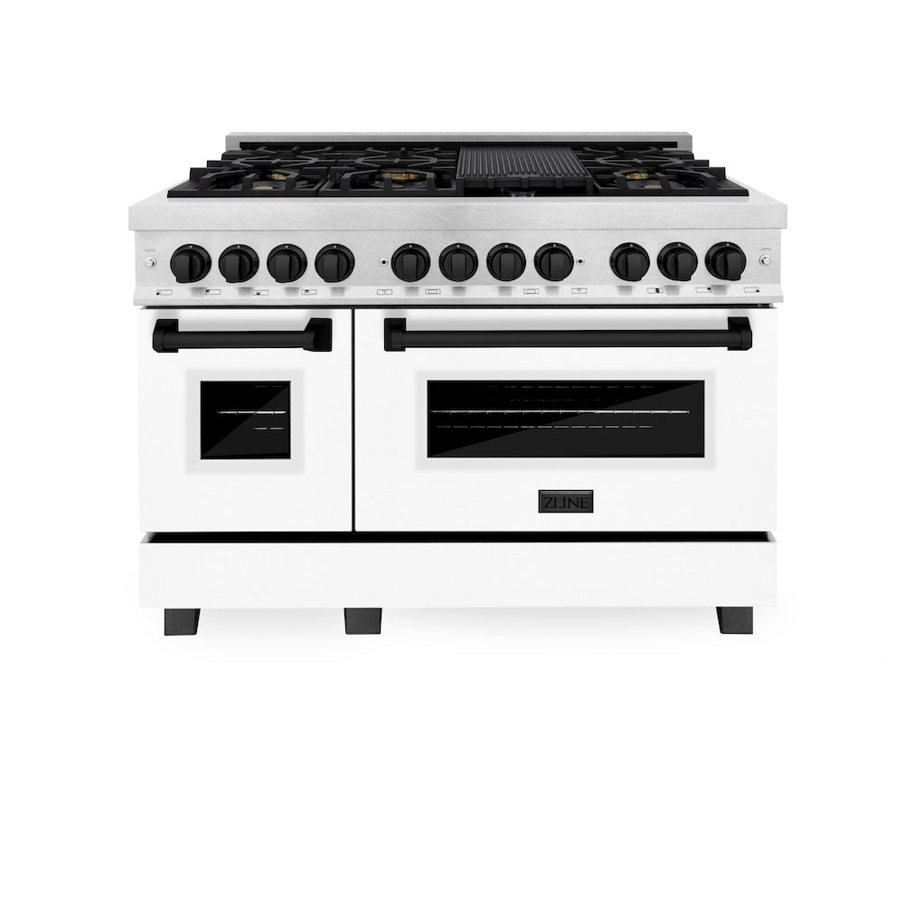 ZLINE Autograph Edition 48 in. 6.0 cu. ft. Legacy Dual Fuel Range with 7 Burner Gas Cooktop and 2 Electric Ovens in Satin Stainless Steel with White Matte Doors and Matte Black Accents (RASZ-WM-48-MB) front.
